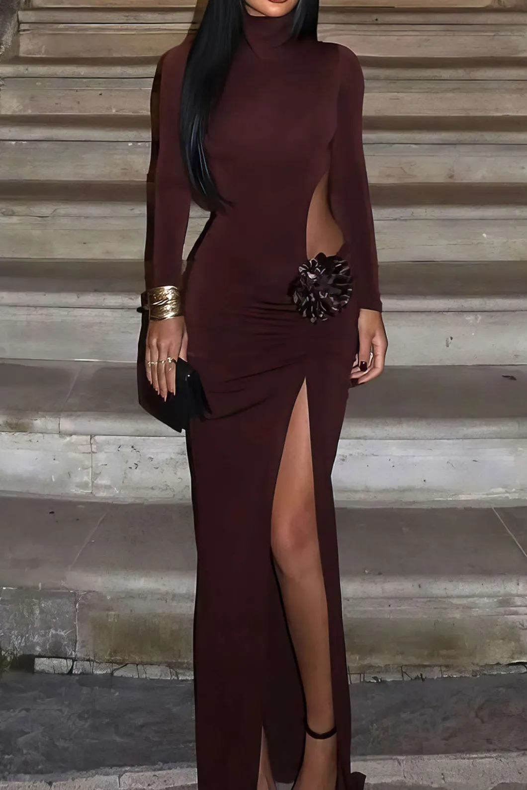 3D Floral Slit Long Sleeve Maxi Dress>MICAS Fashion