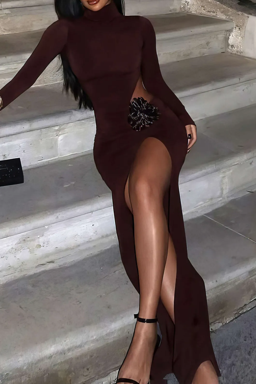 3D Floral Slit Long Sleeve Maxi Dress>MICAS Fashion