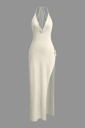 3D Floral V-Neck Backless Slit Maxi Dress>MICAS New