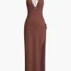 3D Floral V-Neck Backless Slit Maxi Dress>MICAS New