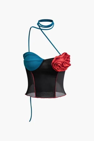 3D Flower Contrast Halter Tank Top>MICAS Sale