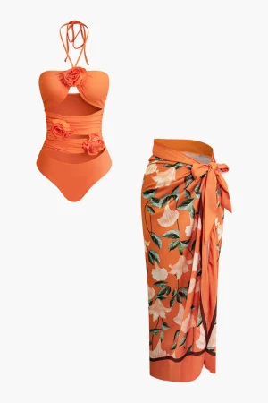 3D Flower Tie Halter Cut Out Swimsuit And Wrap Knot Cover Up Skirt Set>MICAS Online