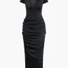 Deep V-neck Ruched Short Sleeve Maxi Dress>MICAS Clearance