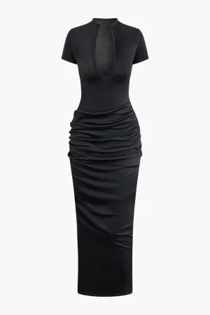 Deep V-neck Ruched Short Sleeve Maxi Dress>MICAS Clearance
