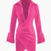 Deep V-neck Wrap Mini Shirt Dress>MICAS Online