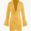 Deep V-neck Wrap Mini Shirt Dress>MICAS Online