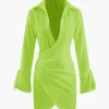 Deep V-neck Wrap Mini Shirt Dress>MICAS Online