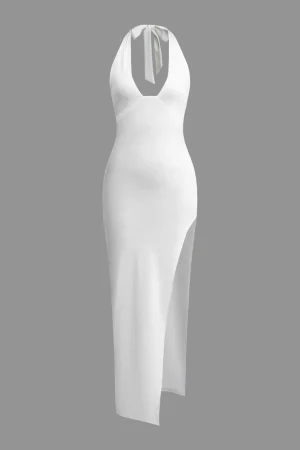 Deep-V Neck Halter Backless Slit Midi Dress>MICAS Discount