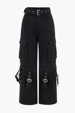 Denim Belted High Waist Multiple Pocket Jeans>MICAS New