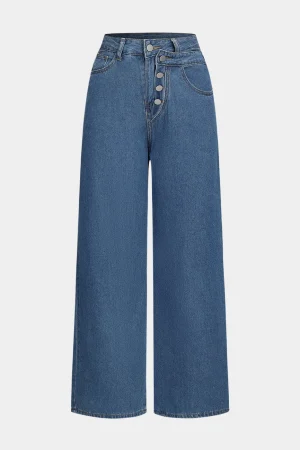 Denim Button Pocket High Waist Straight Leg Jeans>MICAS Discount