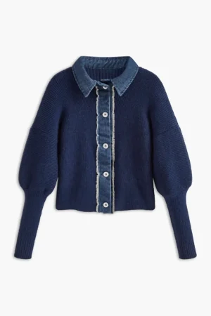 Denim Contrast Button-Up Sweater Cardigan>MICAS Online