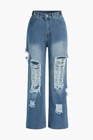 Denim Cut Out Washed Straight Leg Jeans>MICAS Online