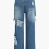 Denim Cut Out Washed Straight Leg Jeans>MICAS Online
