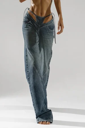 Denim Cut Out Washed Tie-Up Jeans>MICAS Online