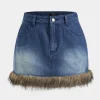 Denim Faux Fur Patchwork Button Skirt>MICAS Discount