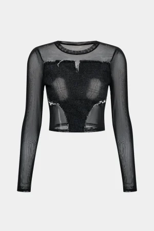 Denim Mesh Patchwork Long Sleeve T-Shirt>MICAS Sale
