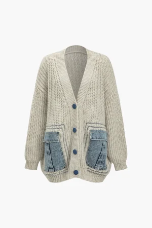 Denim Patchwork Button Pocket Sweater Cardigan>MICAS Outlet