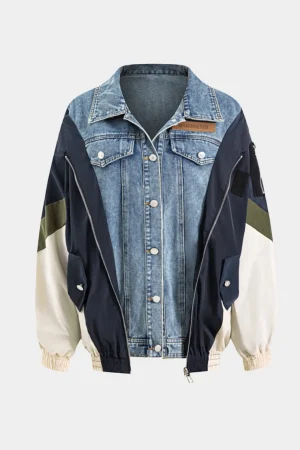 Denim Patchwork Button Pocket Long-Sleeve Coat>MICAS Outlet