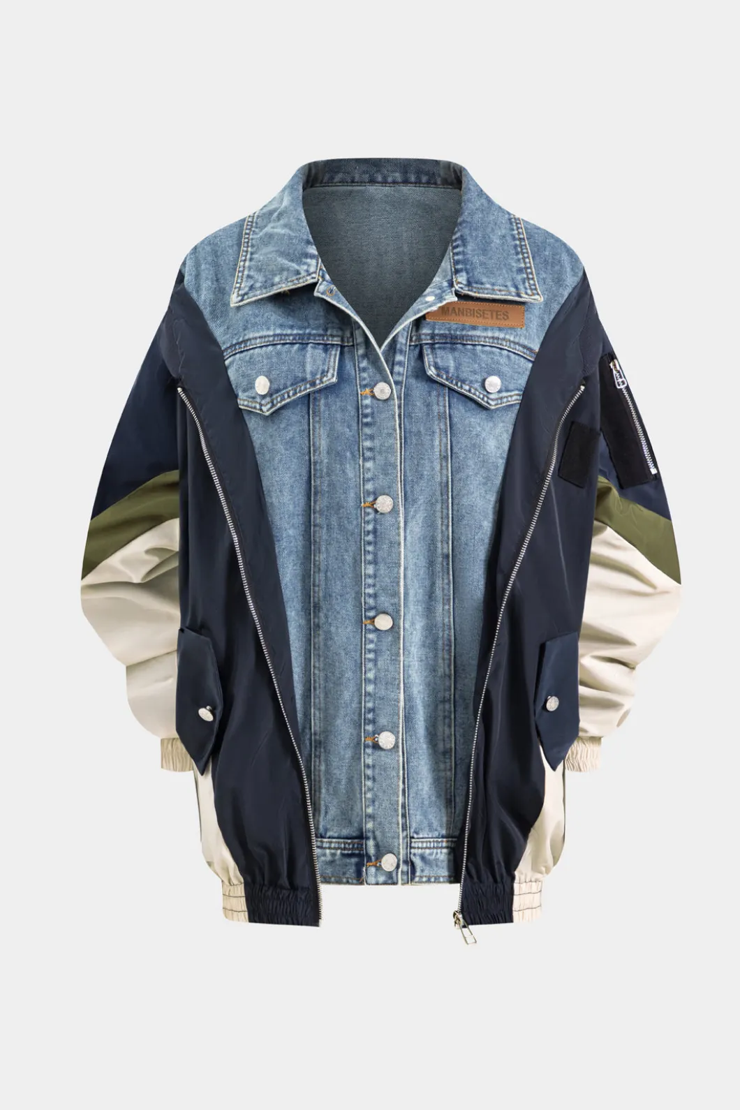 Denim Patchwork Button Pocket Long-Sleeve Coat>MICAS Outlet