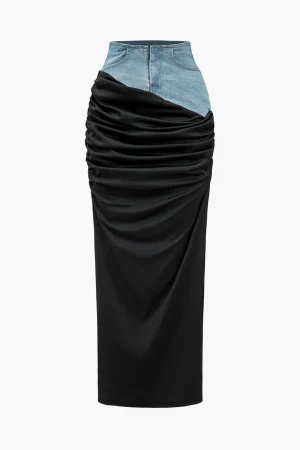Denim Patchwork Color Block Ruched Zipper Skirt>MICAS Sale