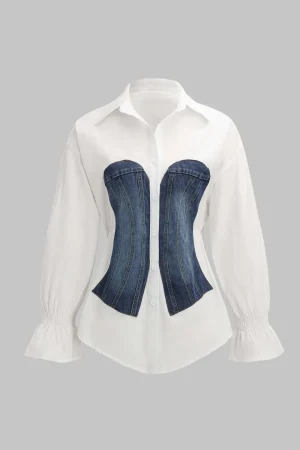 Denim Patchwork Corset Waist Long-Sleeve Shirt>MICAS Sale