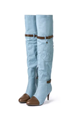 Denim Patchwork High Heel Almond Toe Over The Knee Boots>MICAS Discount
