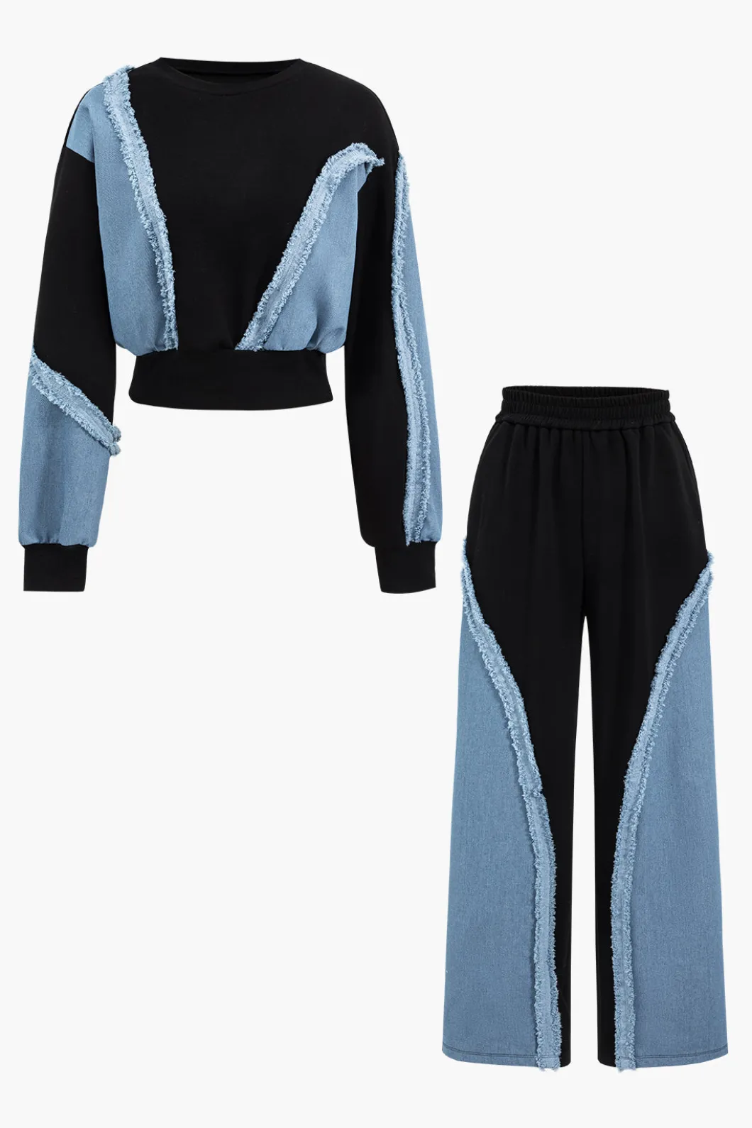 Denim Patchwork Long Sleeve Top And Wide Leg Trousers Set>MICAS Discount