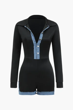 Denim Patchwork Long Sleeve Button Romper>MICAS Discount