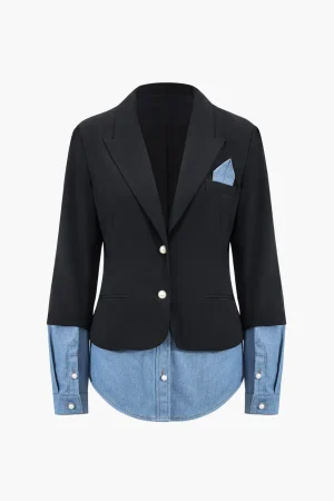 Denim Patchwork Notched Lapel Blazer>MICAS New