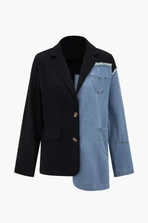 Denim Patchwork Notched Lapel Blazer>MICAS Fashion