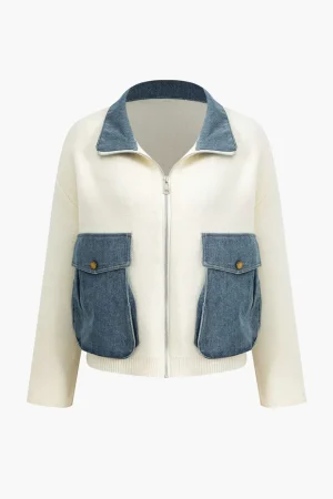 Denim Patchwork Pocket Sweater Cardigan>MICAS Best