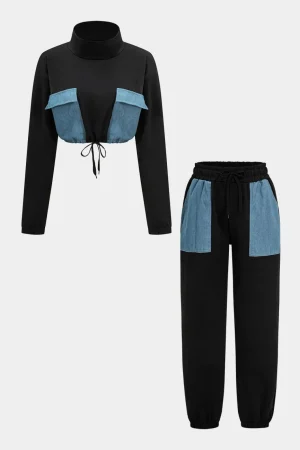Denim Patchwork Pocket Tie-Up Top And Trousers Set>MICAS Clearance