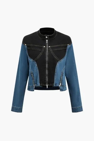 Denim Patchwork Pocket Zipper Outerwear>MICAS Clearance