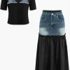 Denim Patchwork T-shirt And Skirt Set>MICAS Online