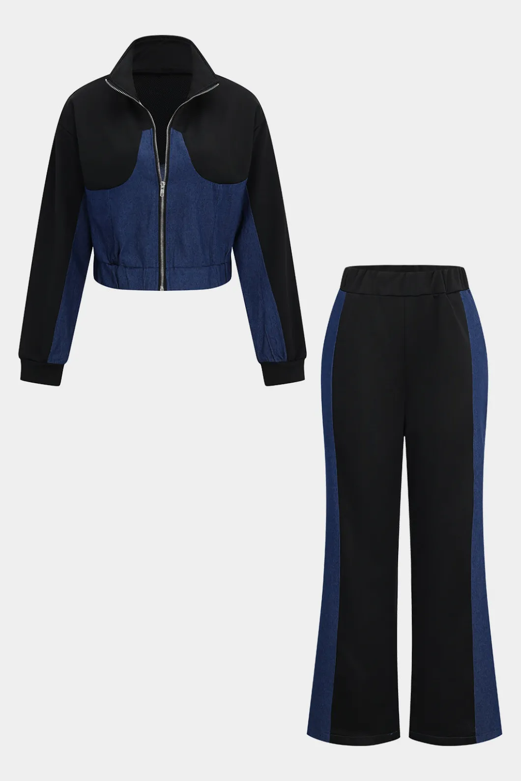 Denim Zipper Patchwork Jacket And Trousers Set>MICAS Fashion