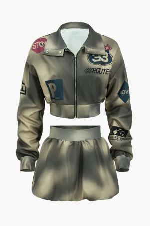 Digital Pattern Ombre Letter Print Button Metallic Zipper Top And Skirt Set>MICAS Clearance