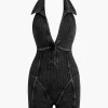 Distressed Backless Halter V-neck Romper>MICAS Clearance
