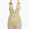 Distressed Backless Halter V-neck Romper>MICAS Clearance