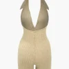 Distressed Backless Halter V-neck Romper>MICAS Clearance