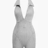 Distressed Backless Halter V-neck Romper>MICAS Clearance