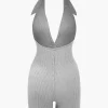 Distressed Backless Halter V-neck Romper>MICAS Clearance