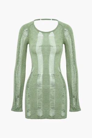 Distressed Ladder Backless Mini Dress>MICAS Hot