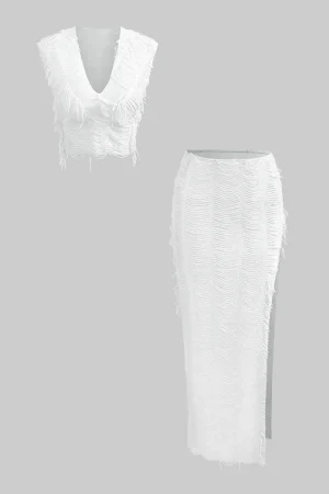 Distressed V-neck Cap Sleeve Crop Top And Slit Maxi Skirt Set>MICAS Hot