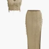 Distressed V-neck Cap Sleeve Crop Top And Slit Maxi Skirt Set>MICAS Hot