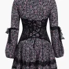 Ditsy Floral Print Lace Trim Corset Long Sleeve Mini Dress>MICAS Hot