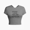 DRINK LOVE RELAX REPEAT Letter Print Ruched Cut Out T-shirt>MICAS New
