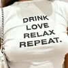 DRINK LOVE RELAX REPEAT Letter Print Ruched Cut Out T-shirt>MICAS New