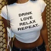 DRINK LOVE RELAX REPEAT Letter Print Ruched Cut Out T-shirt>MICAS New