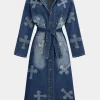 Embroidery Denim Long Coat Belted Outerwear>MICAS Fashion
