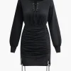 Eyelet Tie Ruched Drawstring Slit Mini Dress>MICAS Sale